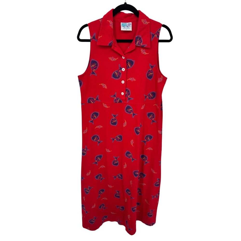 Vintage Zip Code Collared Maxi Dress‎ Womens Large Red Cotton Fish Print Mexico